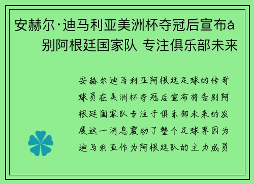 安赫尔·迪马利亚美洲杯夺冠后宣布告别阿根廷国家队 专注俱乐部未来 安赫尔·迪马利亚美洲杯夺冠后宣布告别阿根廷国家队 专注俱乐部未来